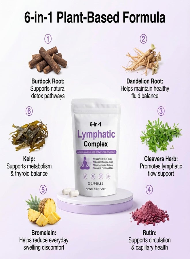 Peehss 6-in-1 Lymphatic Complex Capsules, Lymphatic Drainage Supplements with Burdock, Dandelion, Kelp, Cleavers, Rutin & Bromelain for Reduce Bloat, Balance Cortisol, Full Body Detox (90 Servings) - Image 4